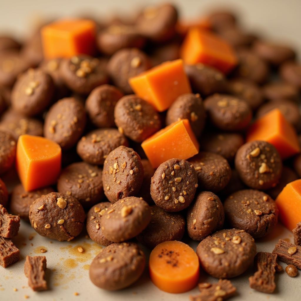 Close up of kangaroo meat dog food kibble