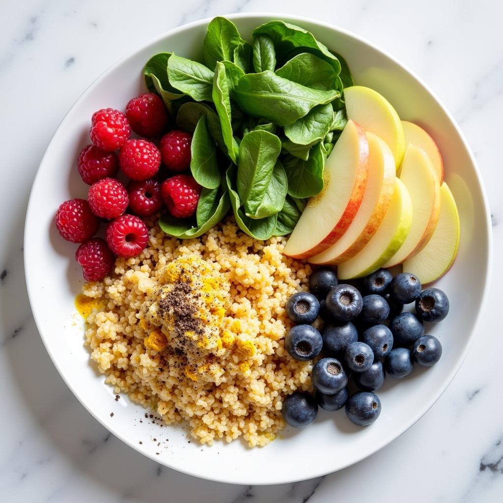 Kapha Balancing Foods: A colorful plate of fruits, vegetables, and grains.