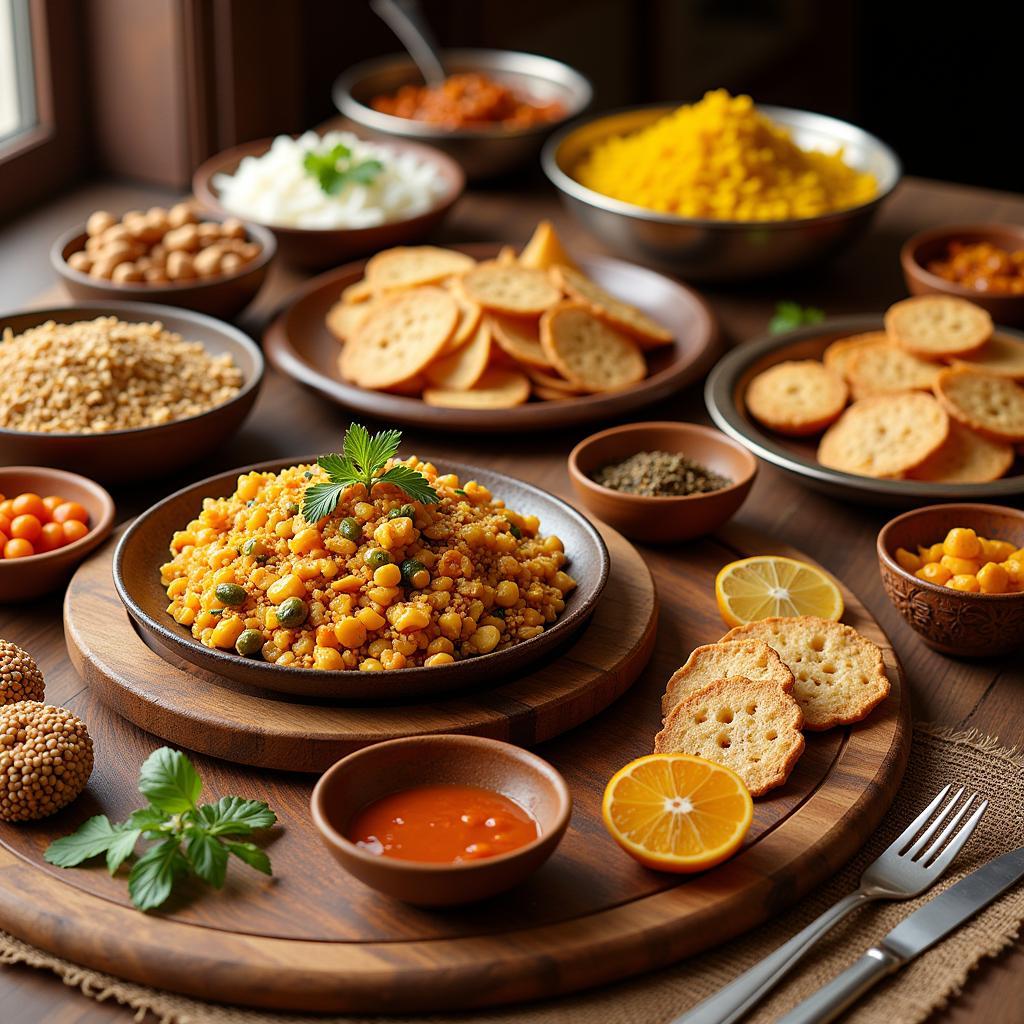 A table laden with various Kathiawadi Gujarati dishes, highlighting the use of peanuts and sesame seeds.