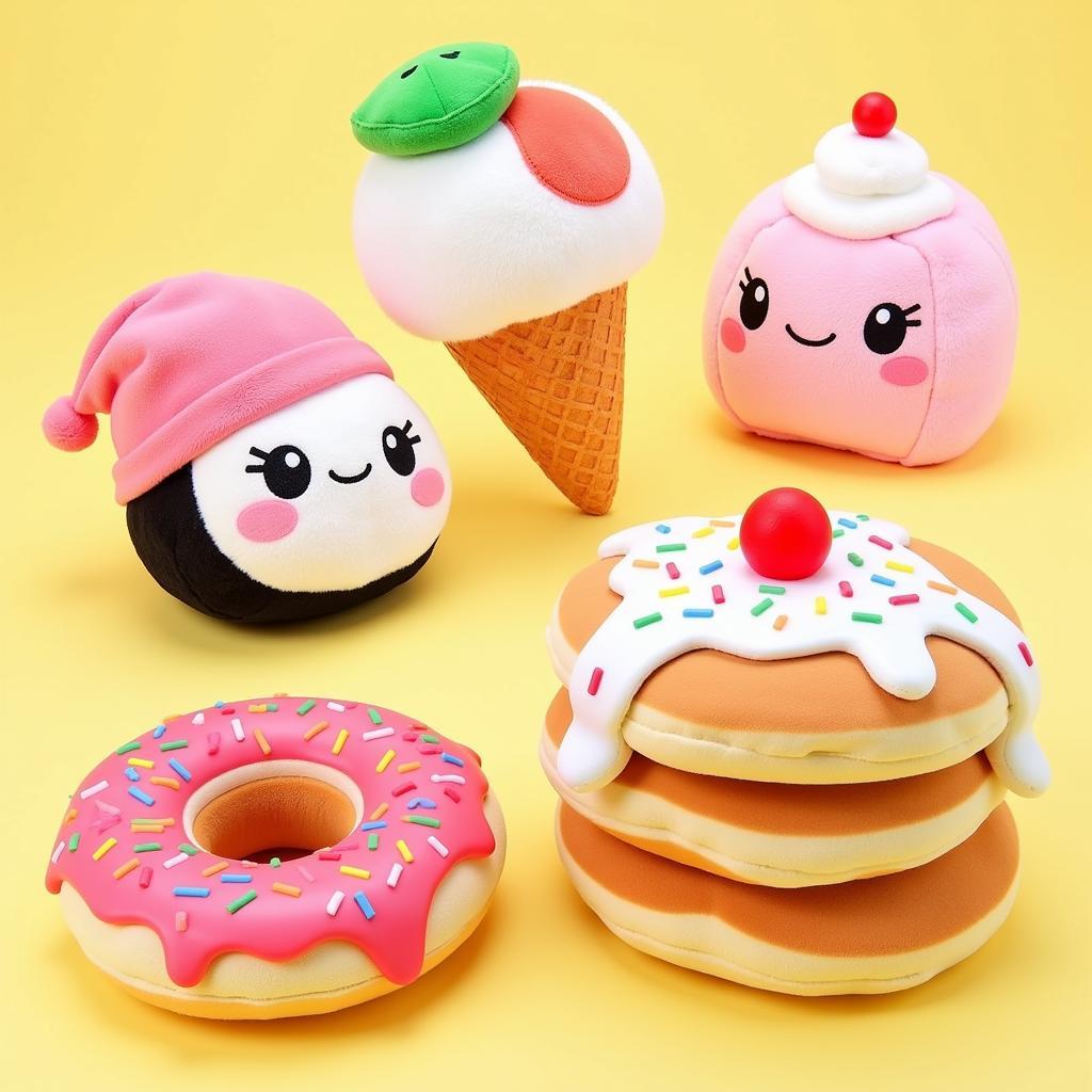 A variety of kawaii food plushies including sushi, ice cream, and donuts