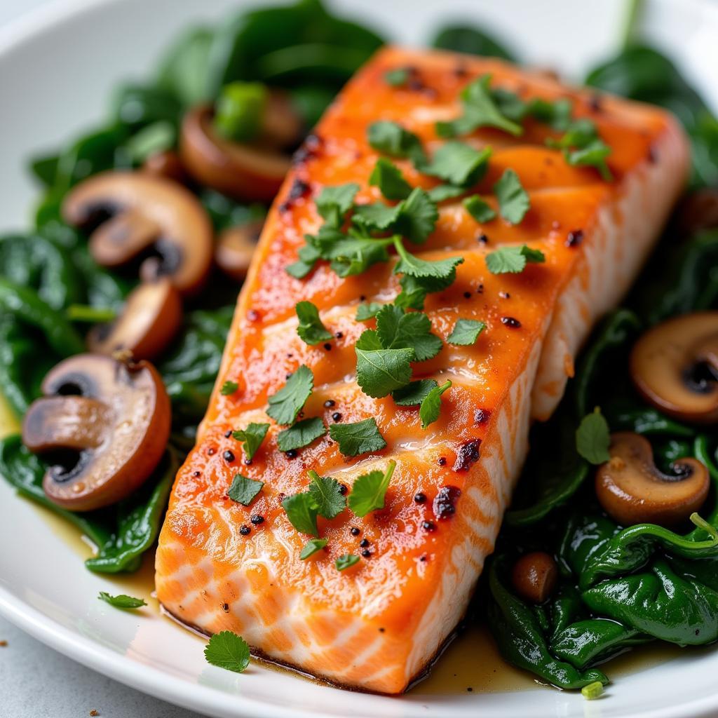 Keto-friendly salmon dinner with spinach and mushrooms