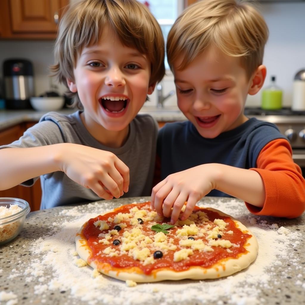 Children joyfully preparing a pizza together in the kitchen