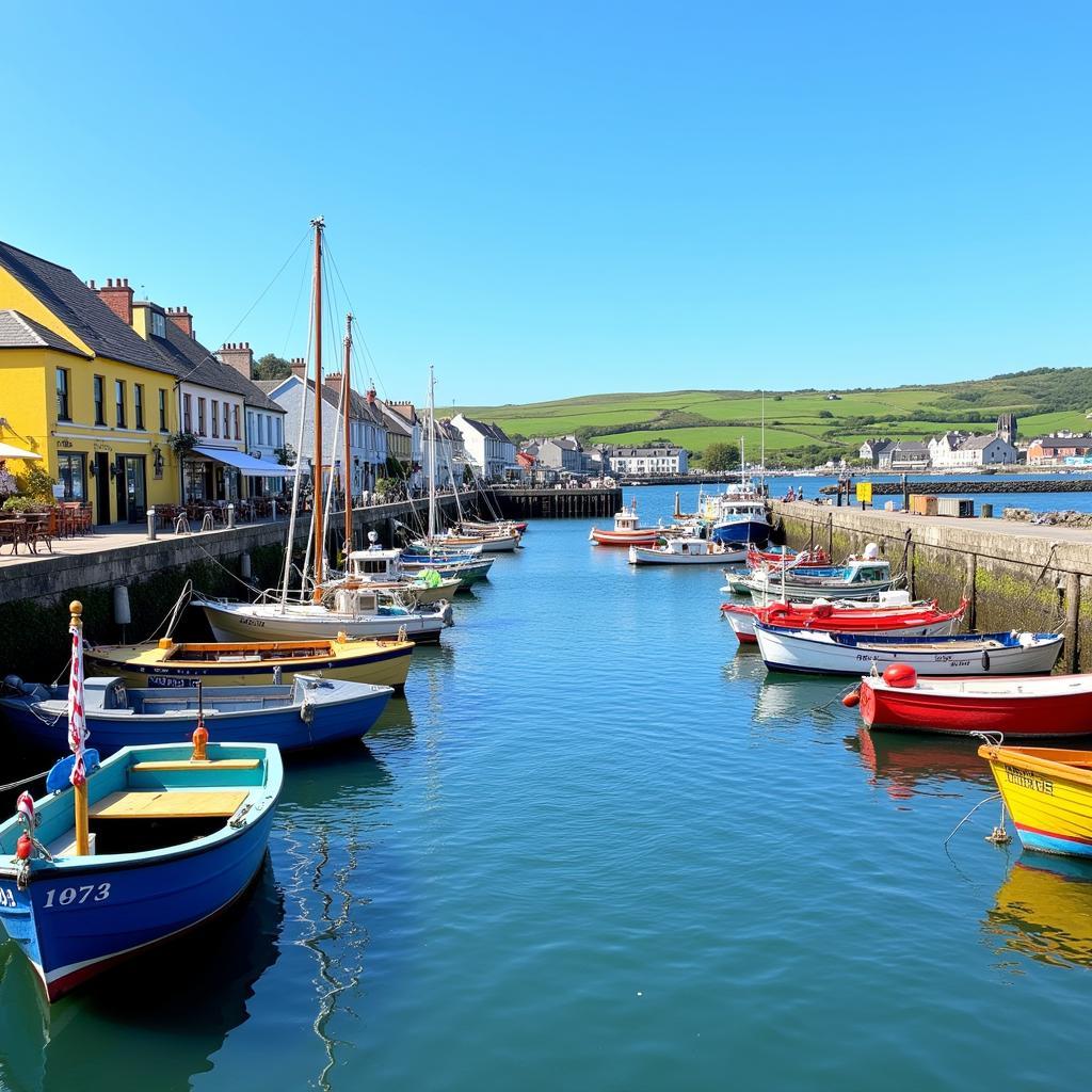 Kinsale Harbor with Colorful Fishing Boats and Restaurants