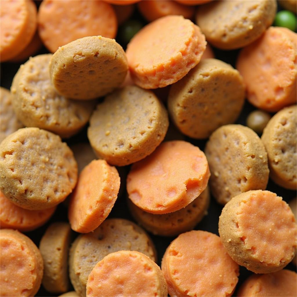 Close-up of Kirkland Nature's Domain Salmon & Sweet Potato dog food kibble, highlighting the texture and various ingredient components.