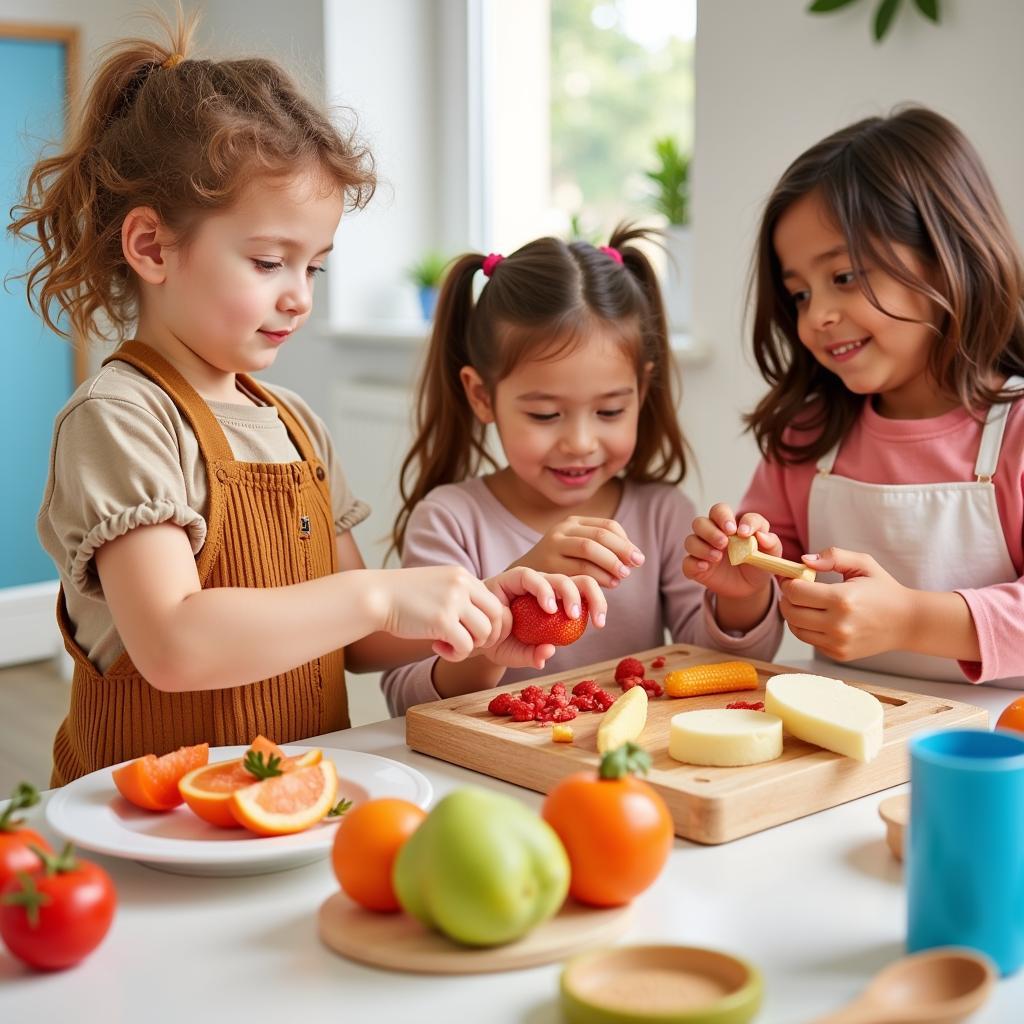 Children Learning and Playing with Kitchen Play Set Food