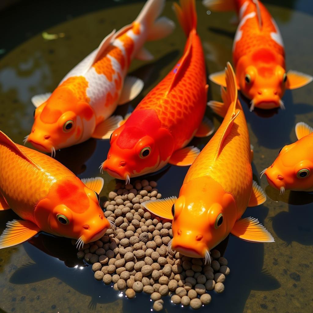 Koi fish eagerly consuming colour enhancing food pellets.