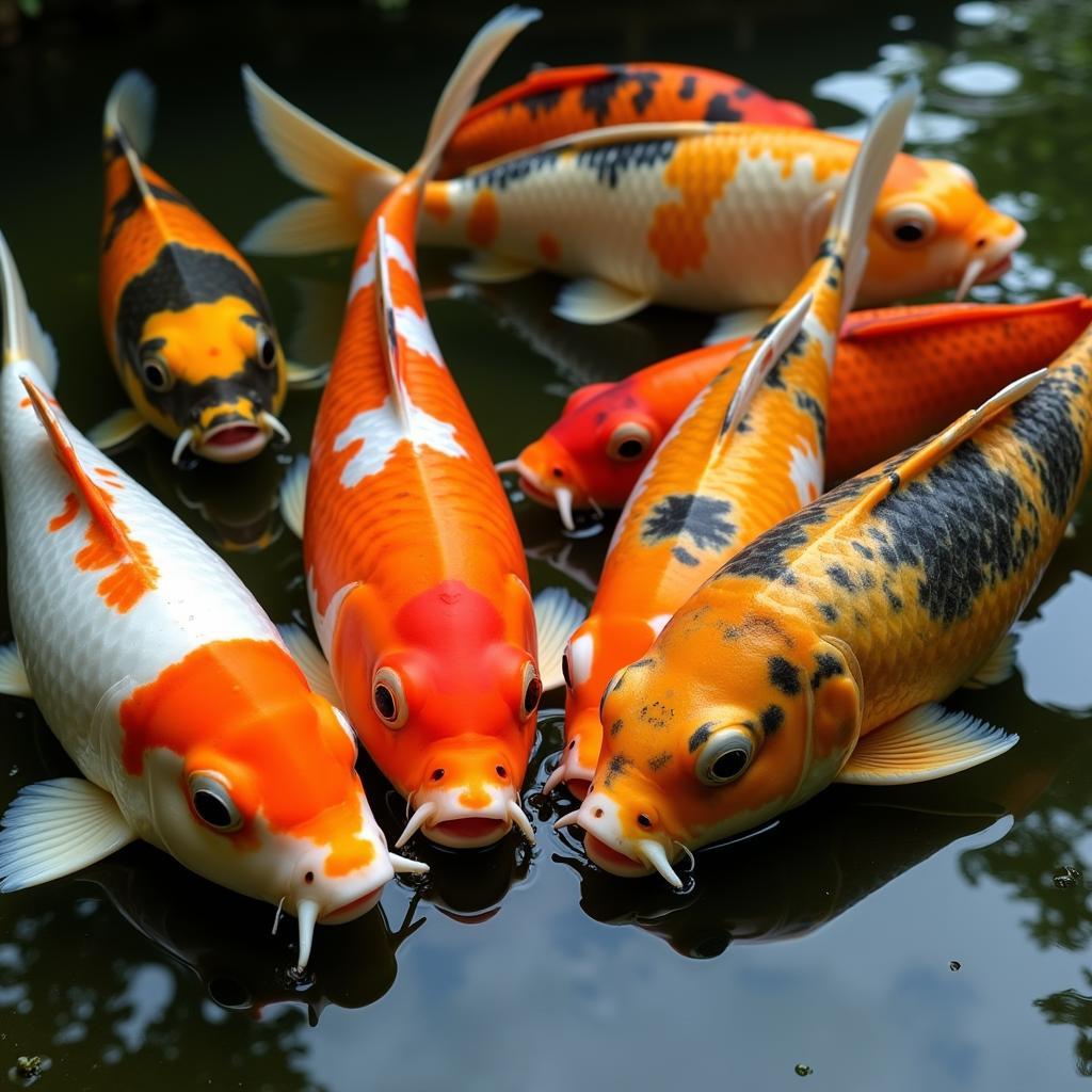 Koi Eagerly Feeding in a Well-Maintained Pond