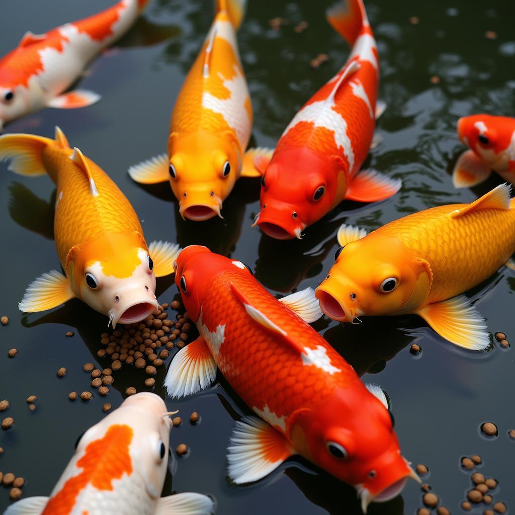 Koi fish eagerly consuming pellets from the surface of the water