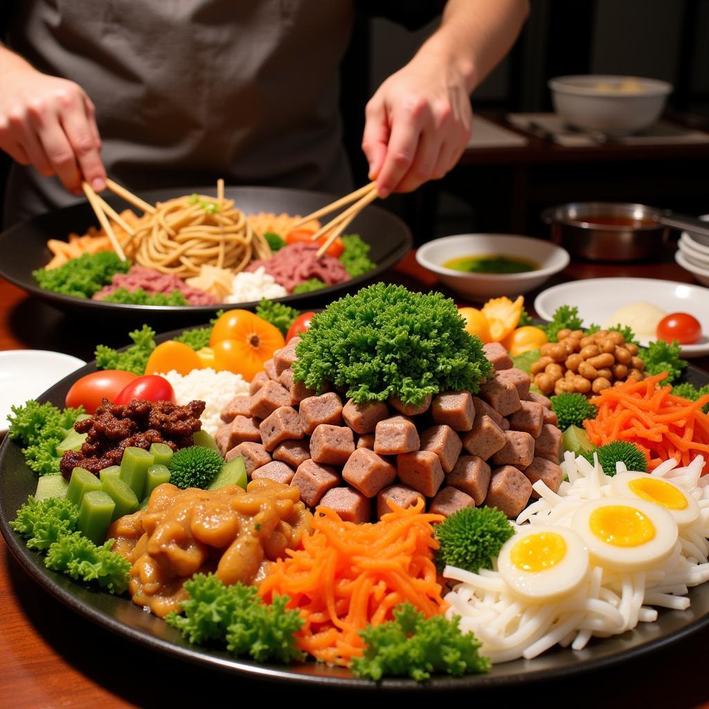 Assembling a DIY Korean food party tray at home.