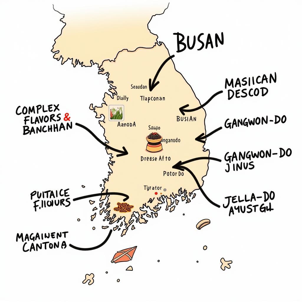 Map highlighting regional Korean food specialties