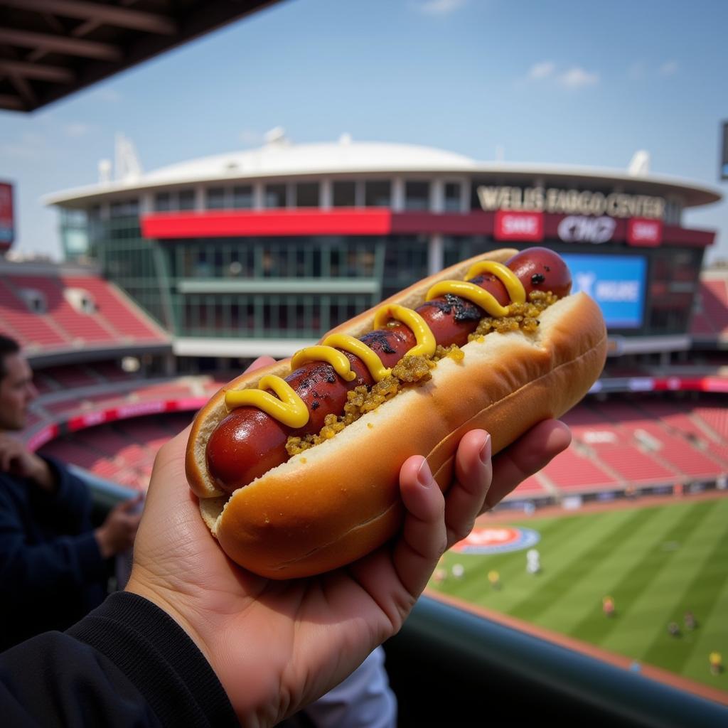 A delicious kosher hot dog being enjoyed at the Wells Fargo Center.