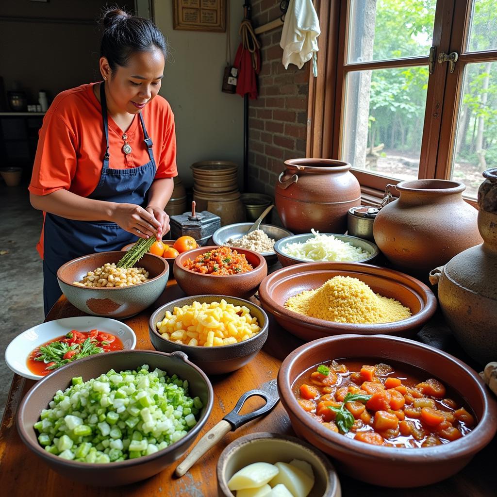 Preparing kwachi food in a traditional kitchen