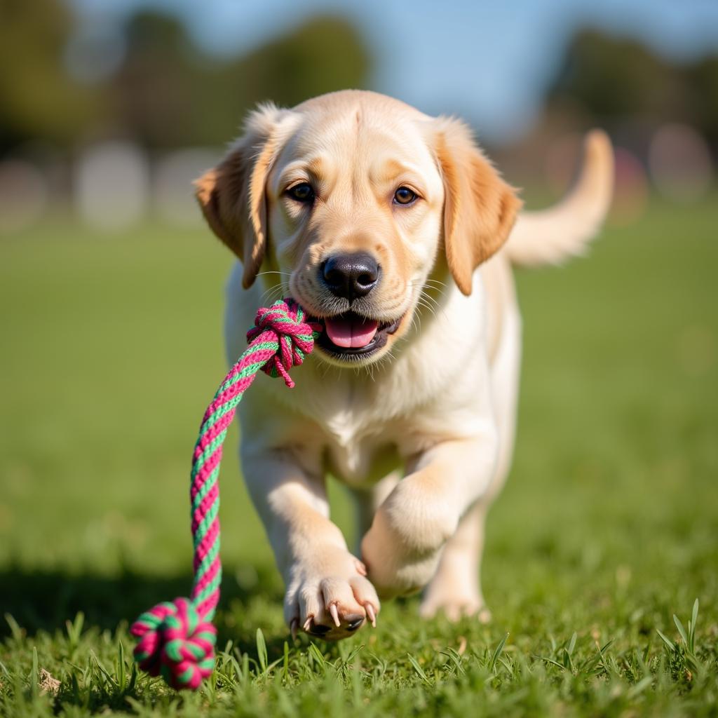 Happy lab puppy playing with a toy