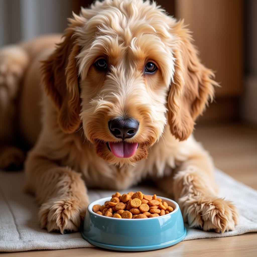 Adult Labradoodle enjoying salmon-based food