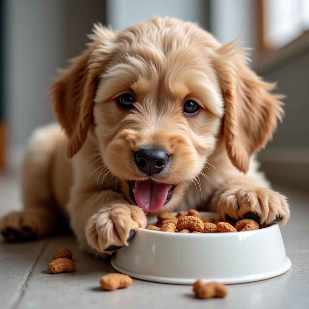 Labradoodle puppy enjoying its meal