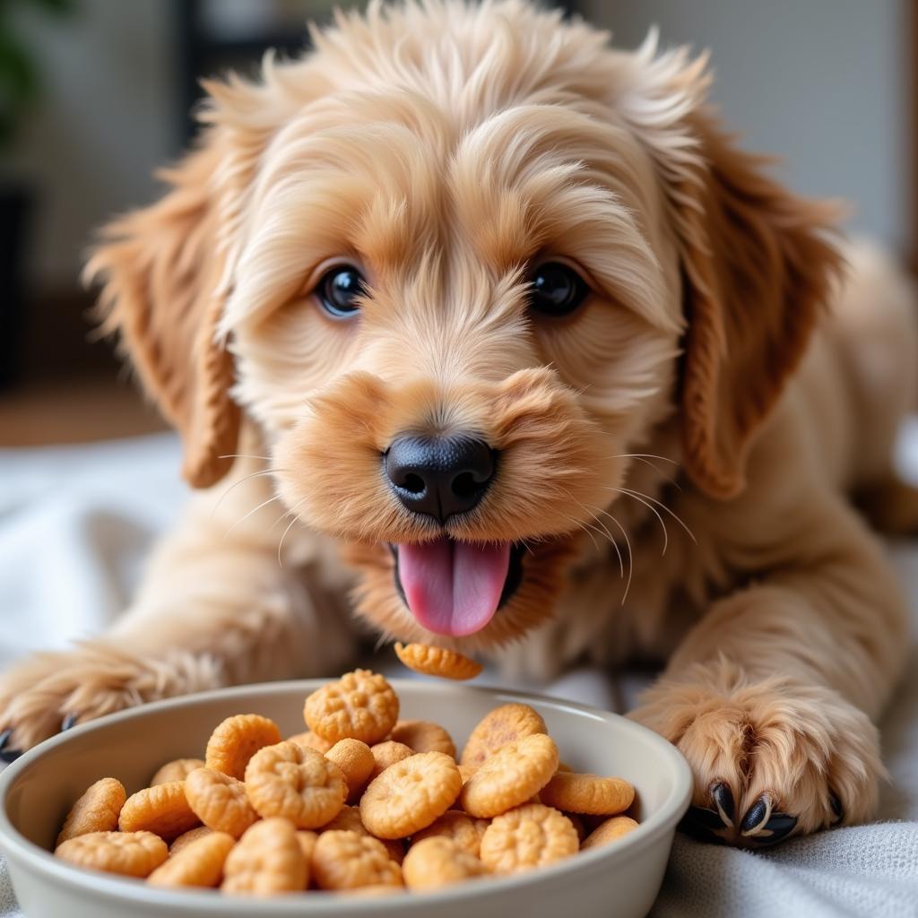 Labradoodle puppy enjoying a bowl of kibble