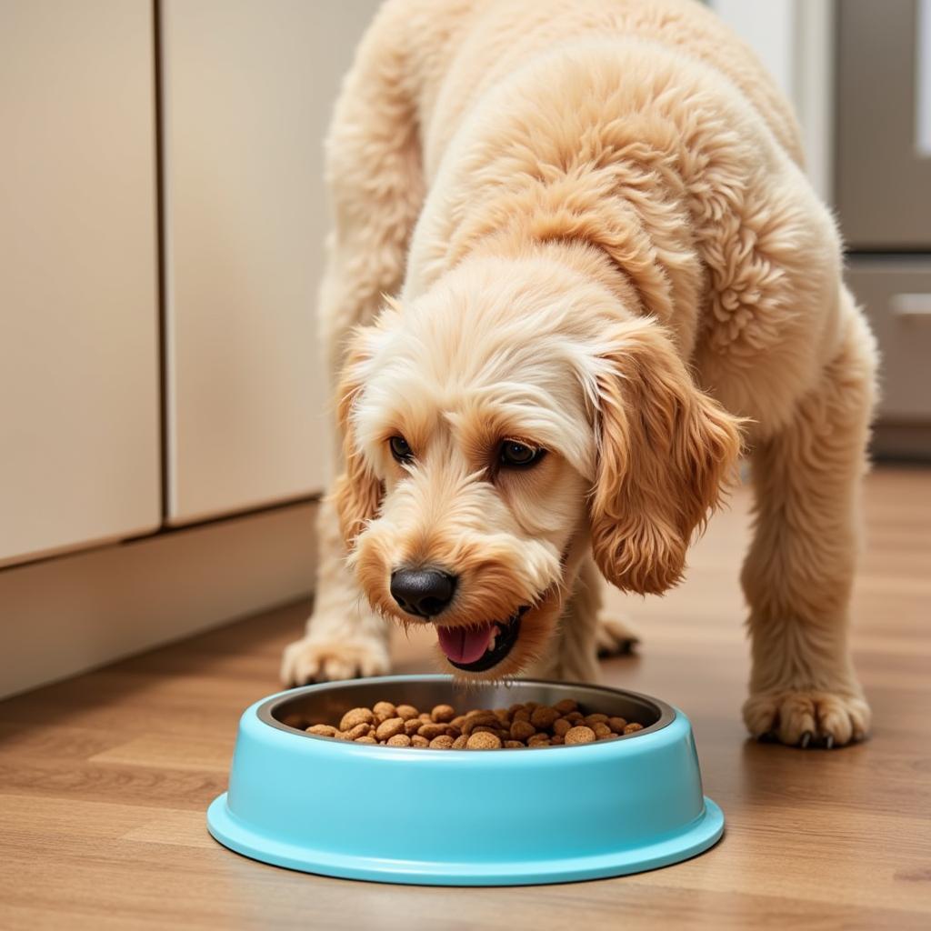 Senior Labradoodle eating from a slow feeder bowl