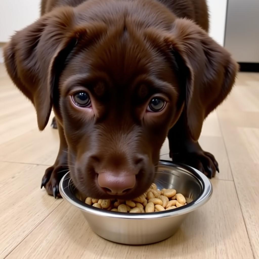 Labrador Puppy Enjoying Mealtime from a Small, Shallow Bowl