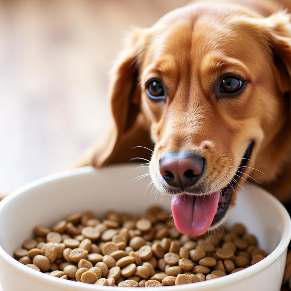 A dog enjoying a bowl of lamb and lentil dog food