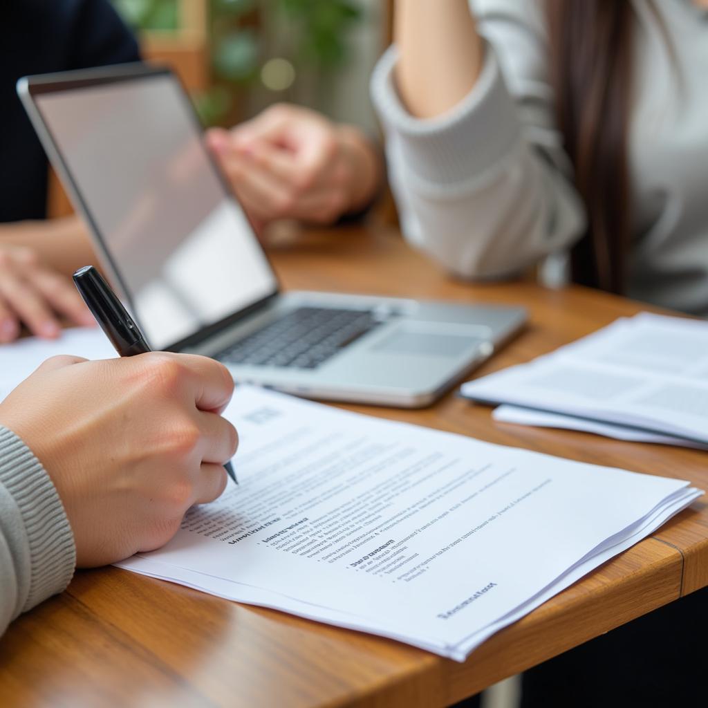 A person preparing for a job interview with a resume and laptop