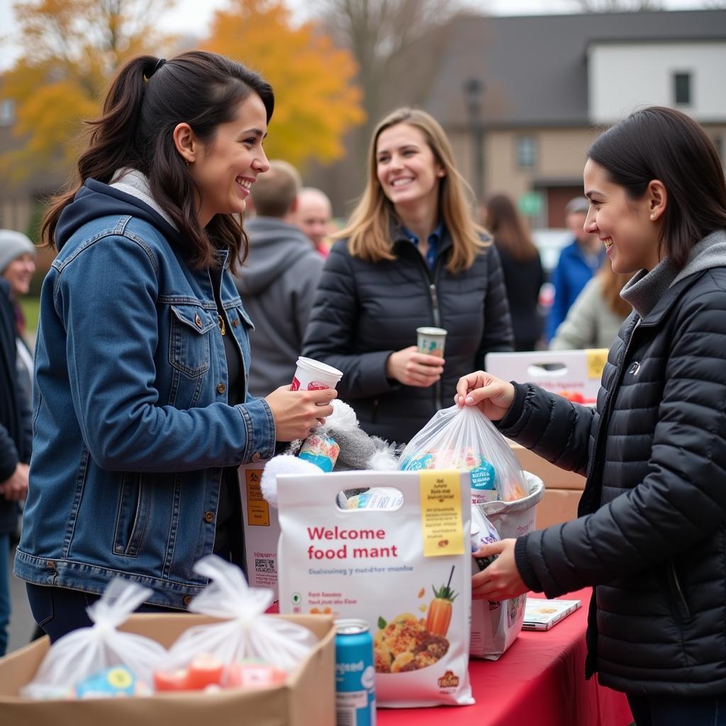 Volunteers and community members interacting at a mobile food pantry event in Lansing, Michigan. The image highlights the positive atmosphere and sense of community.