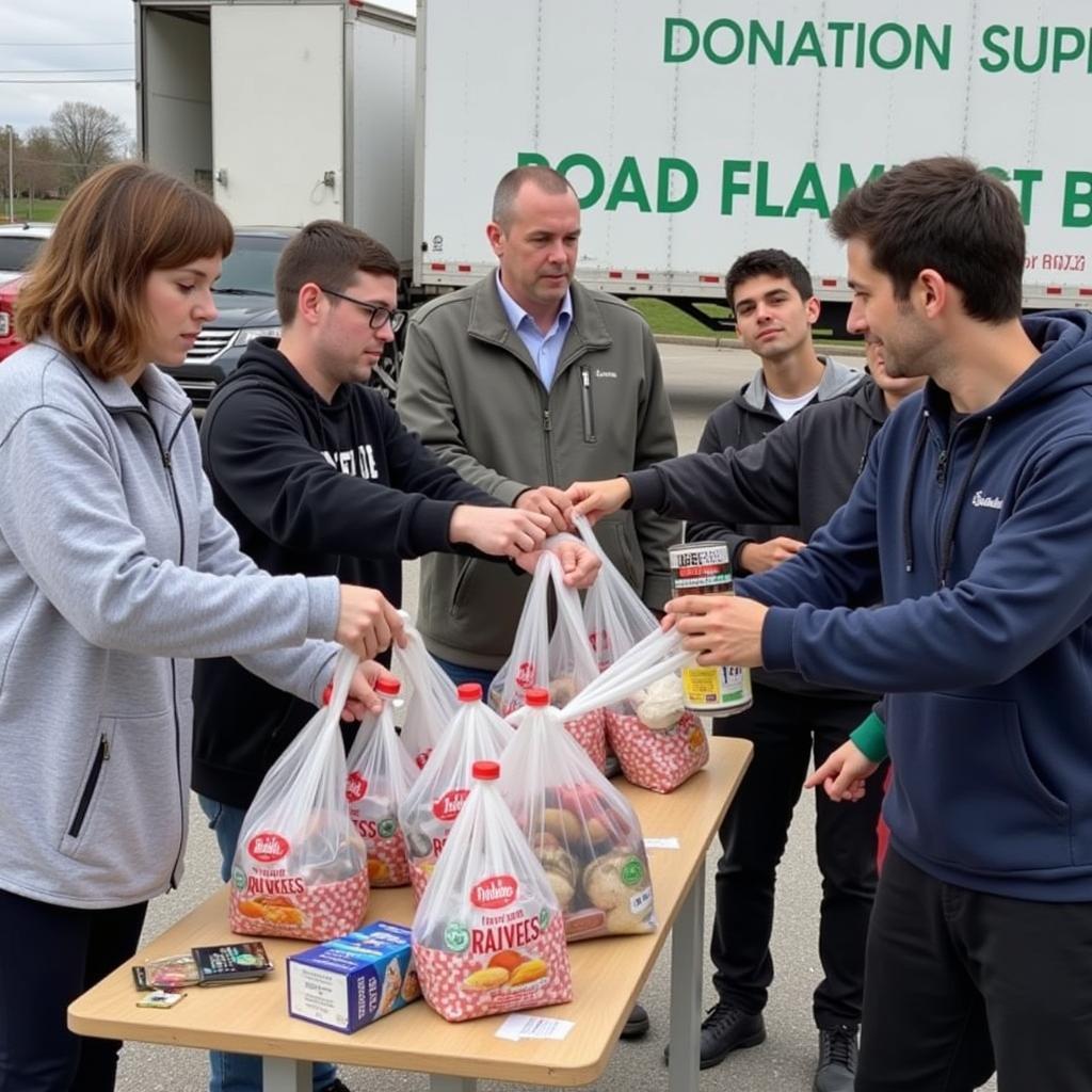 Community members donating food items to a Lansing mobile food pantry.