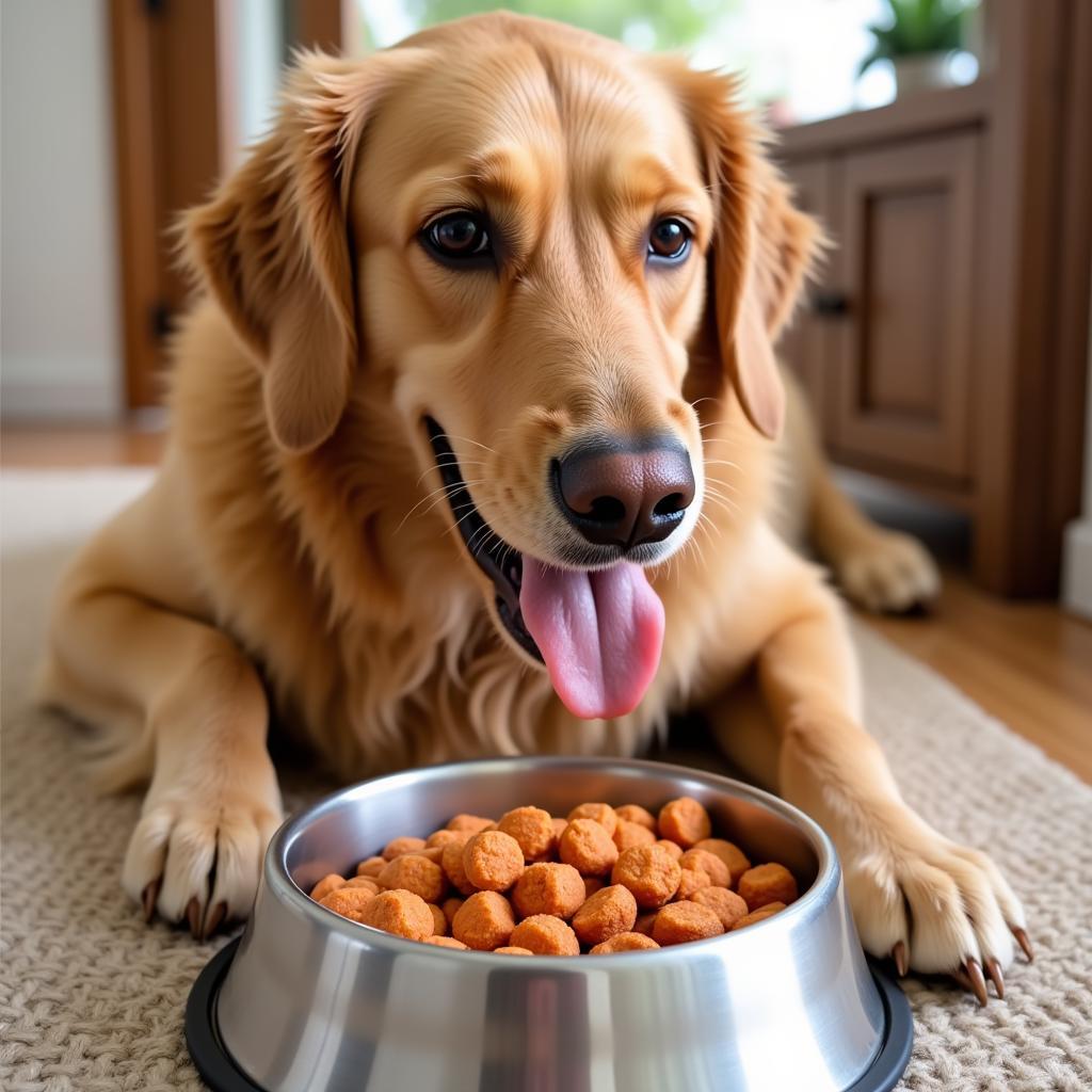 A large breed dog enjoying a bowl of salmon kibble