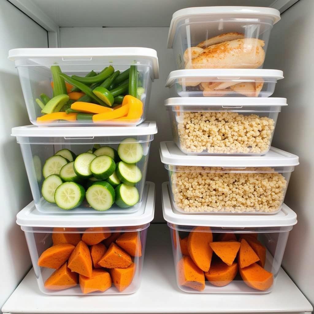 Large rectangular food storage containers filled with prepped ingredients for the week, including chopped vegetables, cooked grains, and protein.