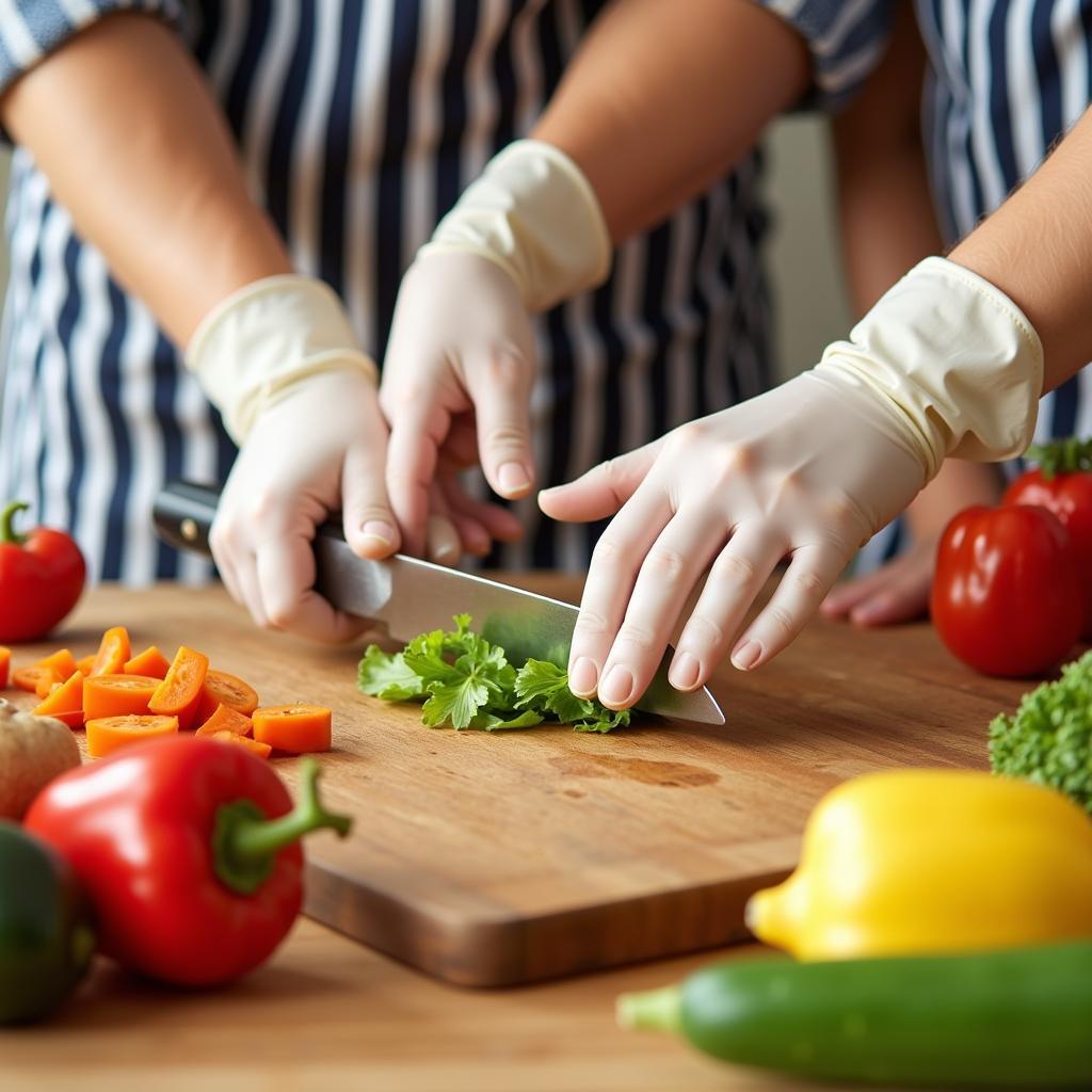 Close-up of hands wearing latex gloves during food preparation