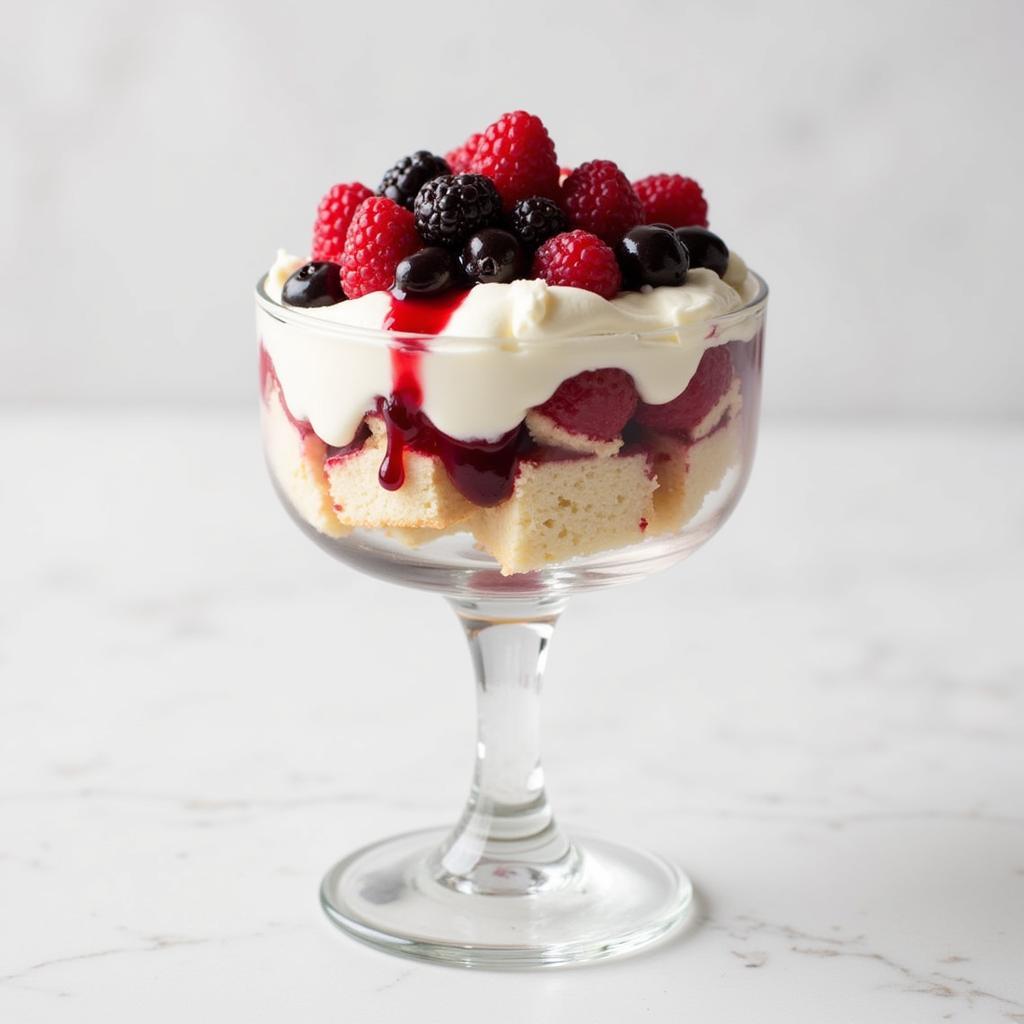 Layered angel food cake dessert with fresh fruit and whipped cream