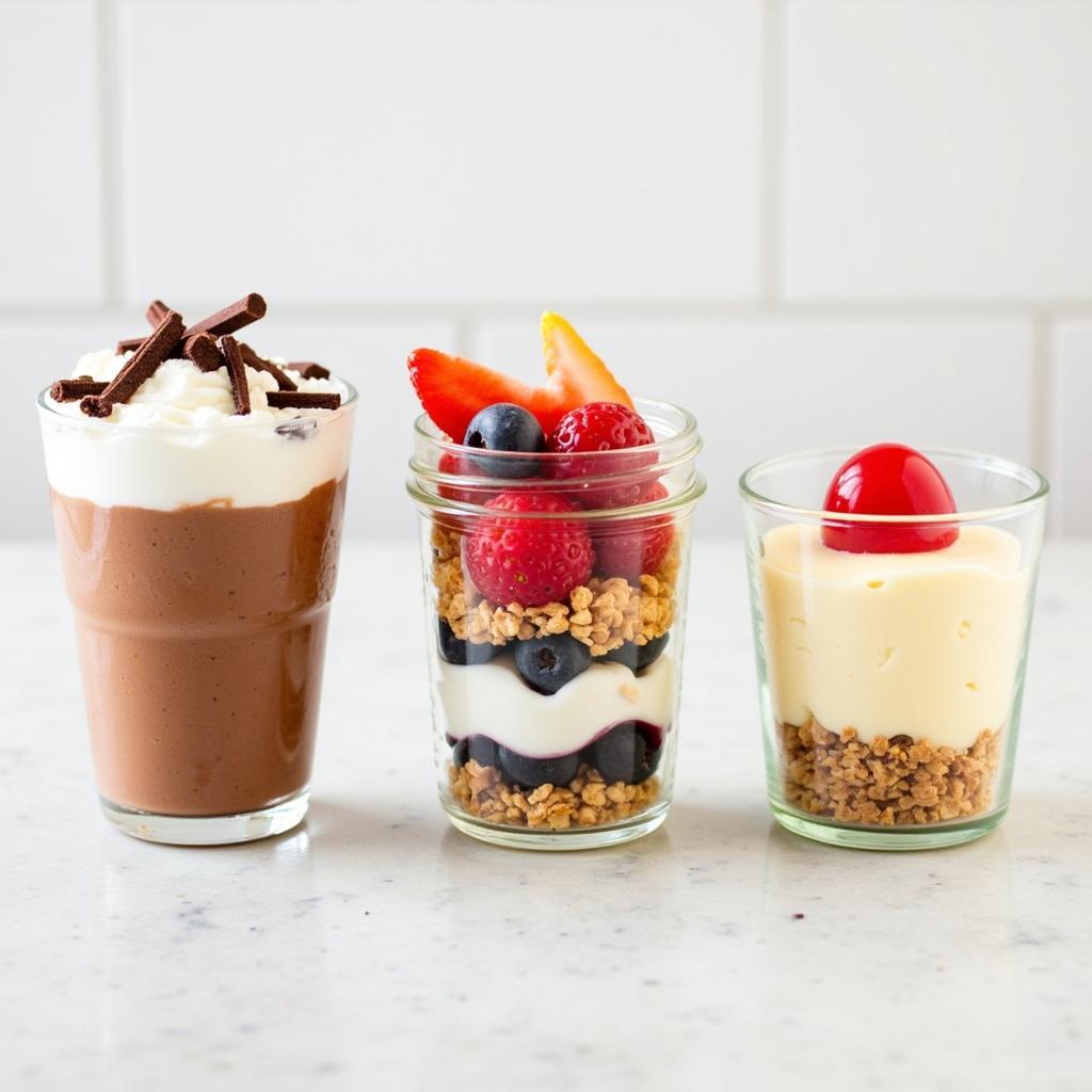 Colorful layered desserts in individual glass jars