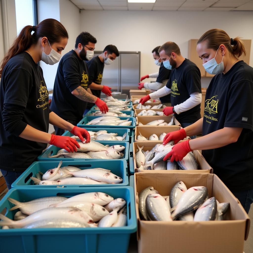 Lebanese Food Bank Volunteers Preparing Fish for Distribution