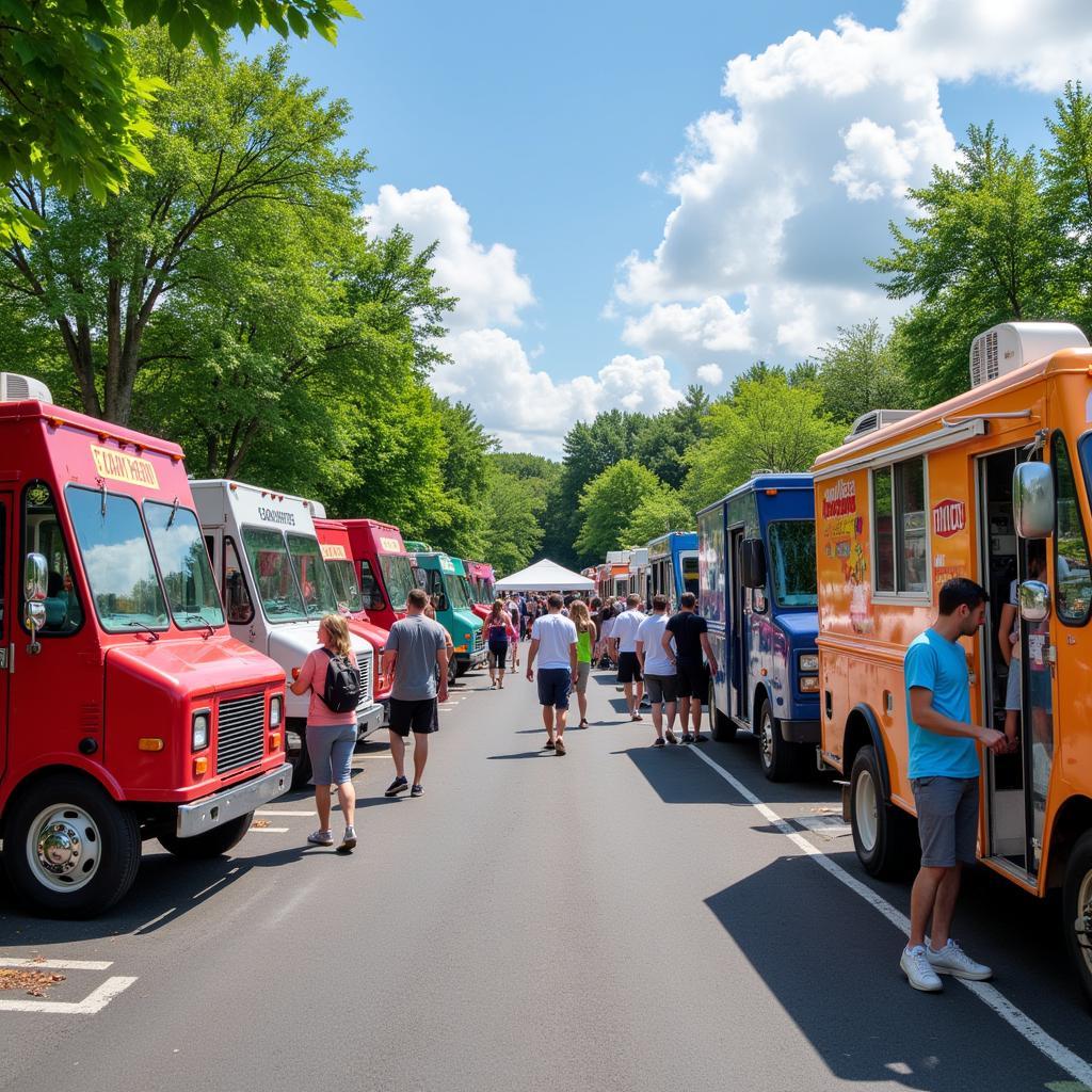 Food trucks lined up at the Levittown Food Truck Friday event, serving a diverse range of cuisines.