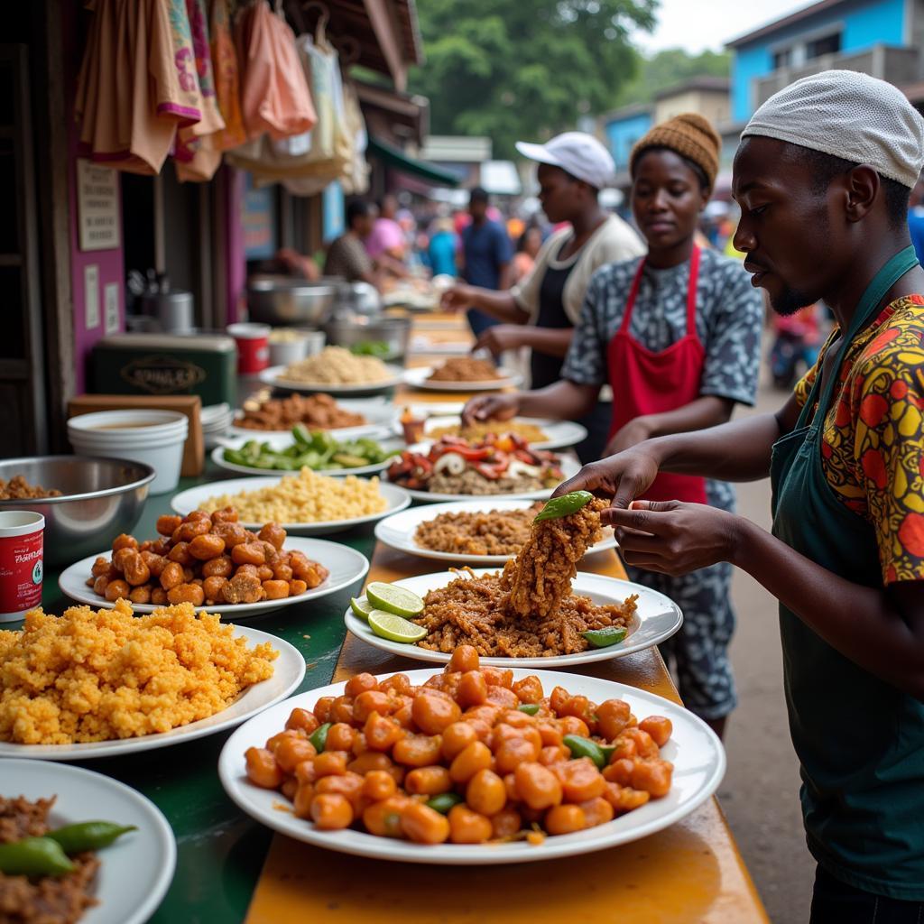 Liberian street food vendors selling traditional dishes.