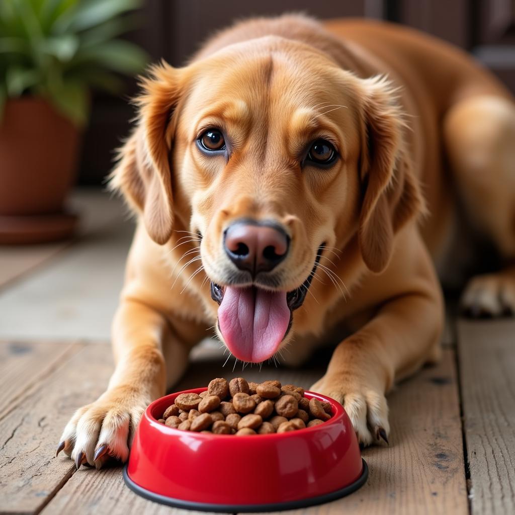 Happy Dog Eating Liberty Ranchers Red Dog Food