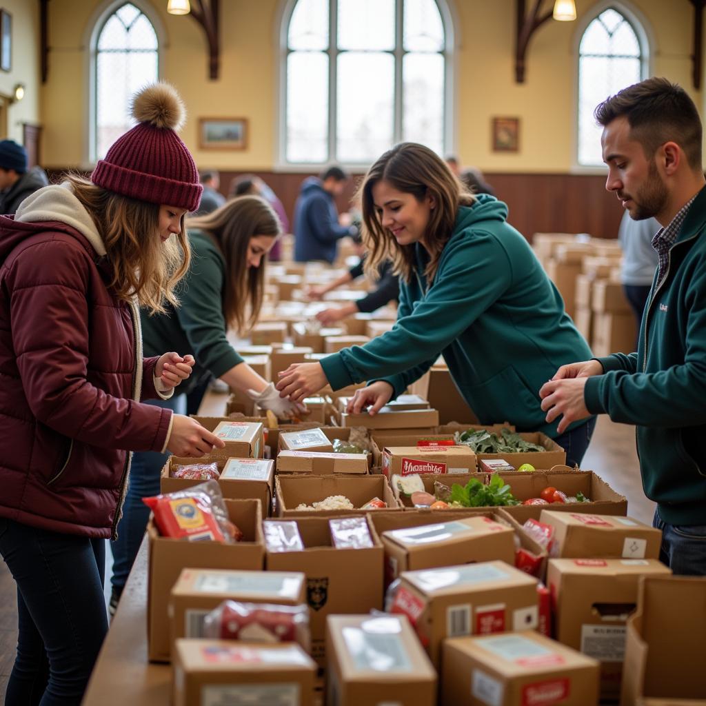 Volunteers at a life church food pantry distributing food.