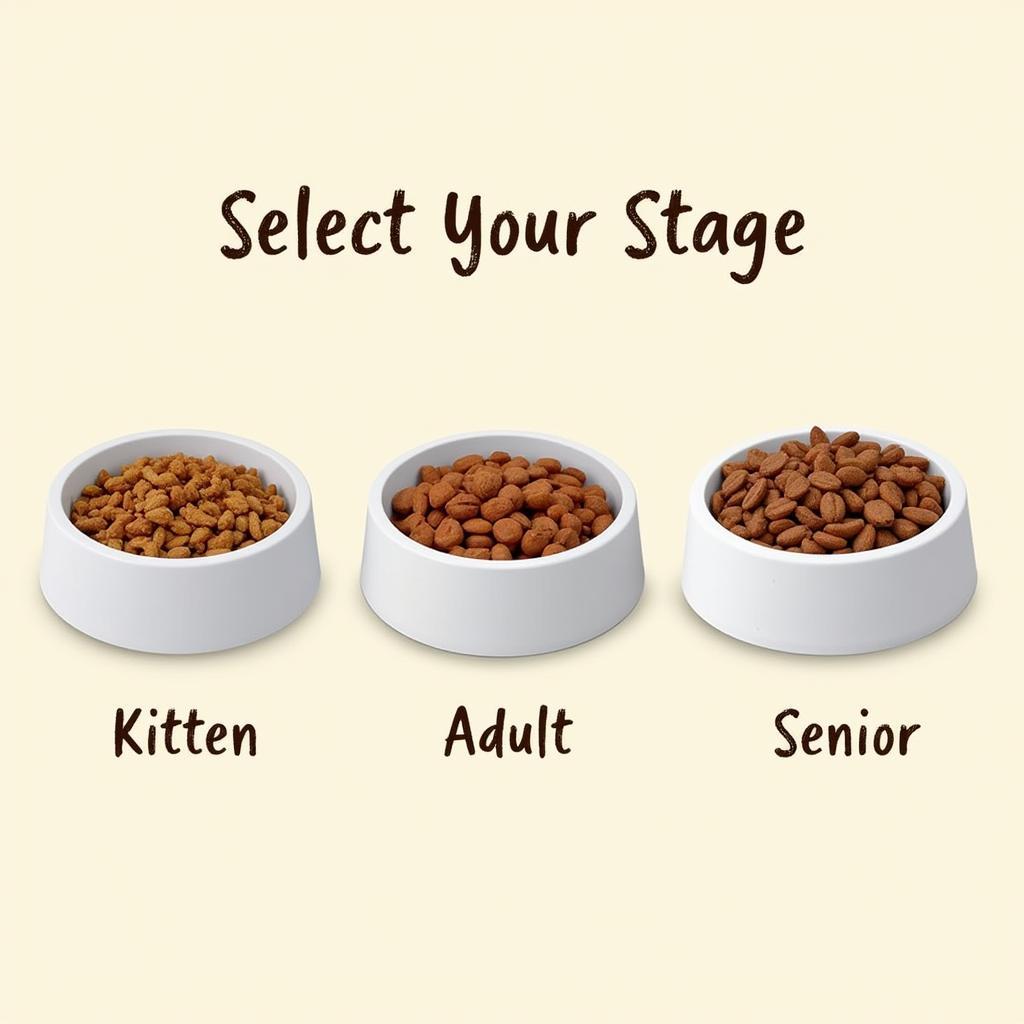 Life Stage Giant Cat Food: Illustration depicting different giant cat food options tailored for kittens, adults, and senior cats, highlighting the varying nutritional needs.