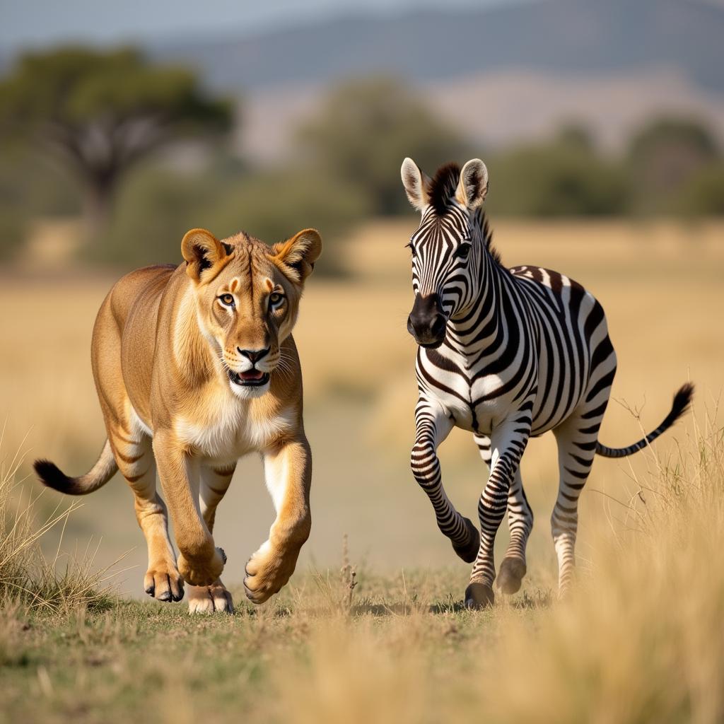 Lion Hunting a Zebra