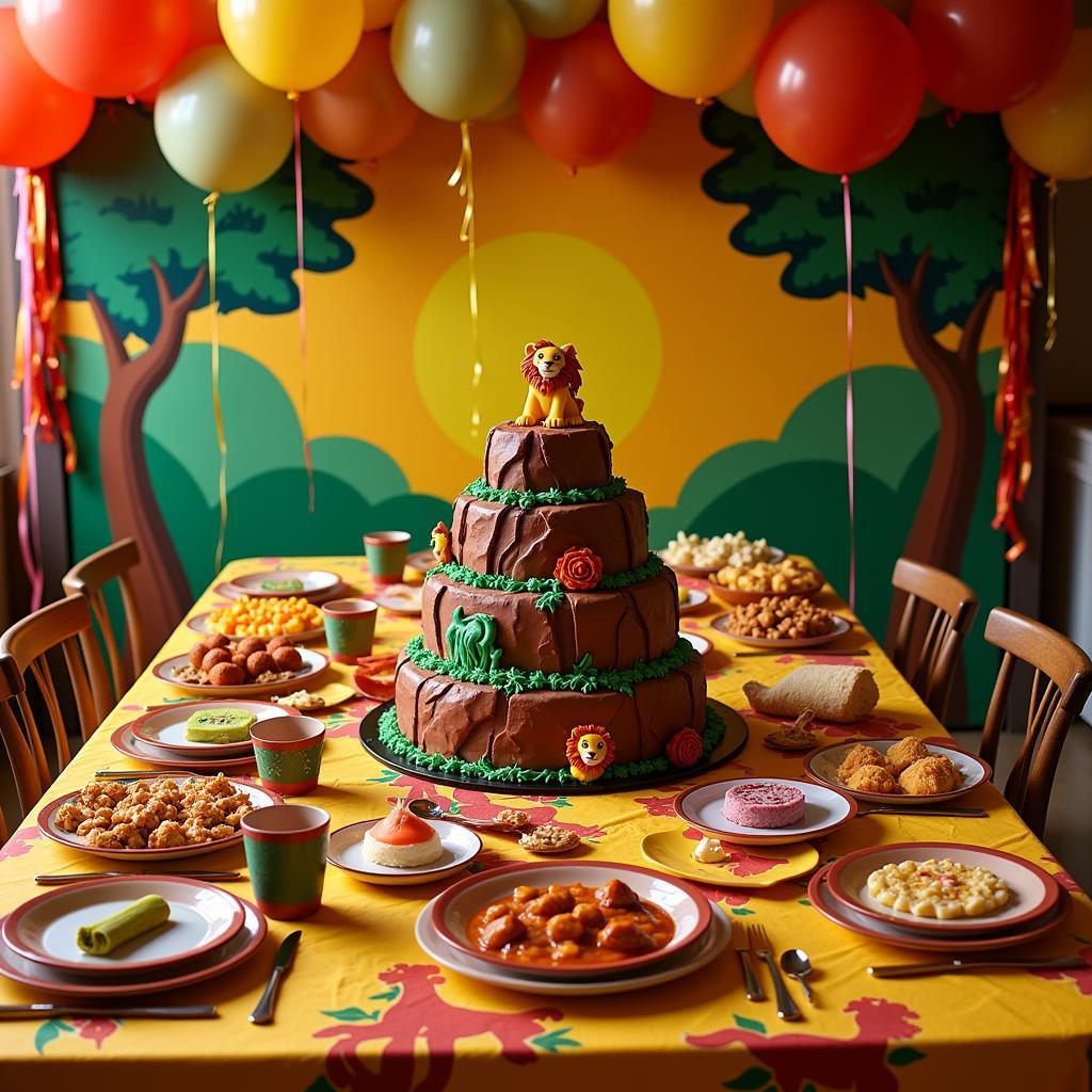 Lion King themed table setting complete with themed food and decorations