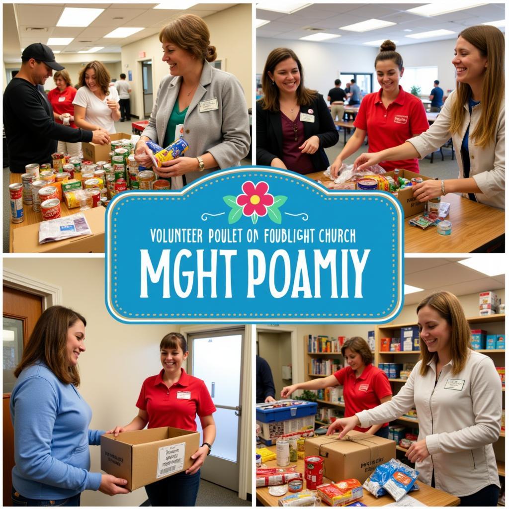 Volunteers at the Little Flower Church Food Pantry organizing donations and assisting clients.