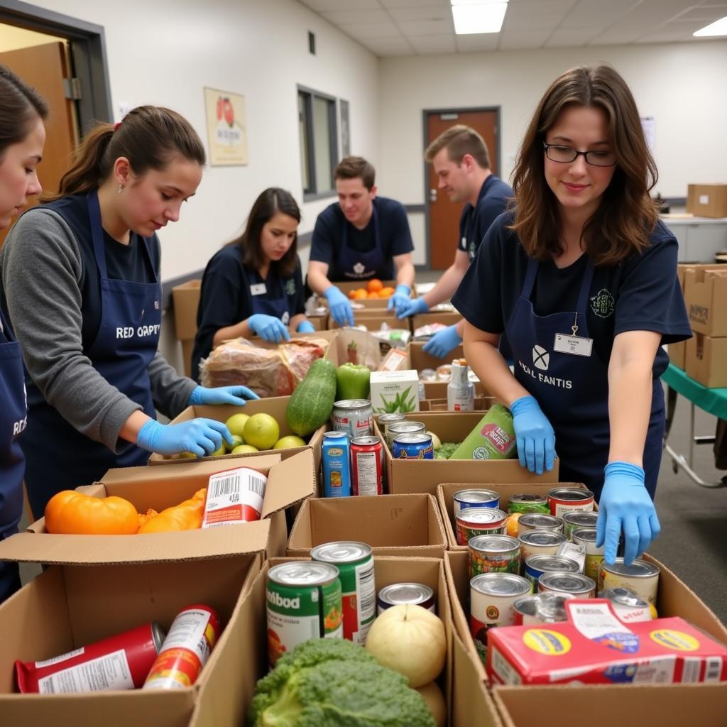 Volunteers sorting food at Little Flower Food Pantry