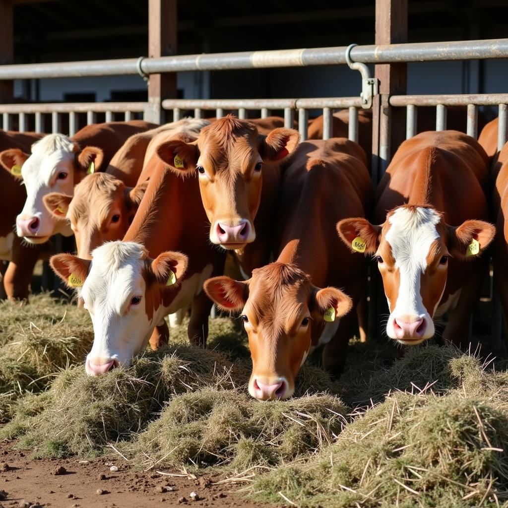 Cattle Feeding on Hay in a Barn