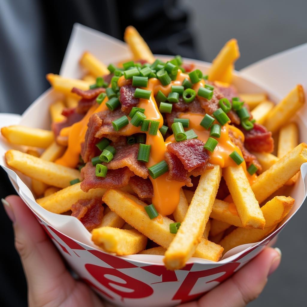 Loaded fries from a food truck with various toppings.