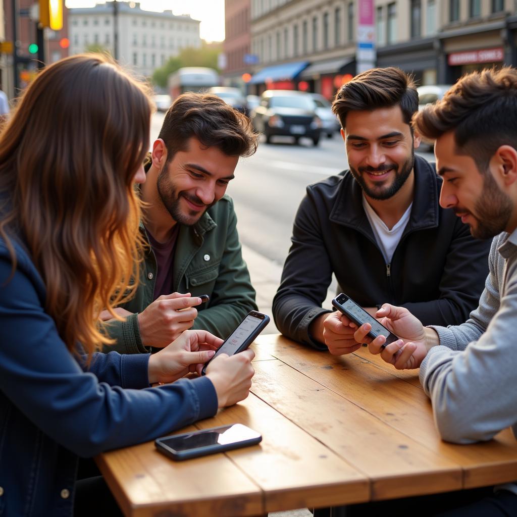 People using their phones to find simply Spanish food trucks