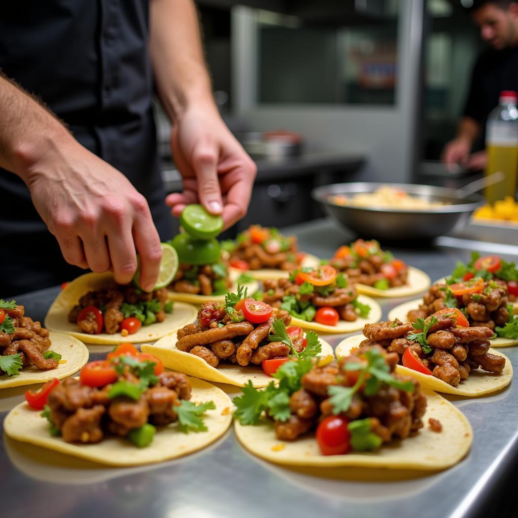 A close-up of delicious tacos being prepared in a Lodi, CA food truck.