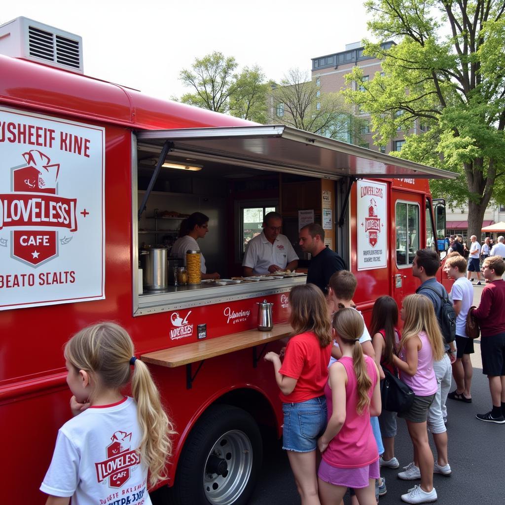 Loveless Cafe food truck parked at an outdoor event, serving customers.