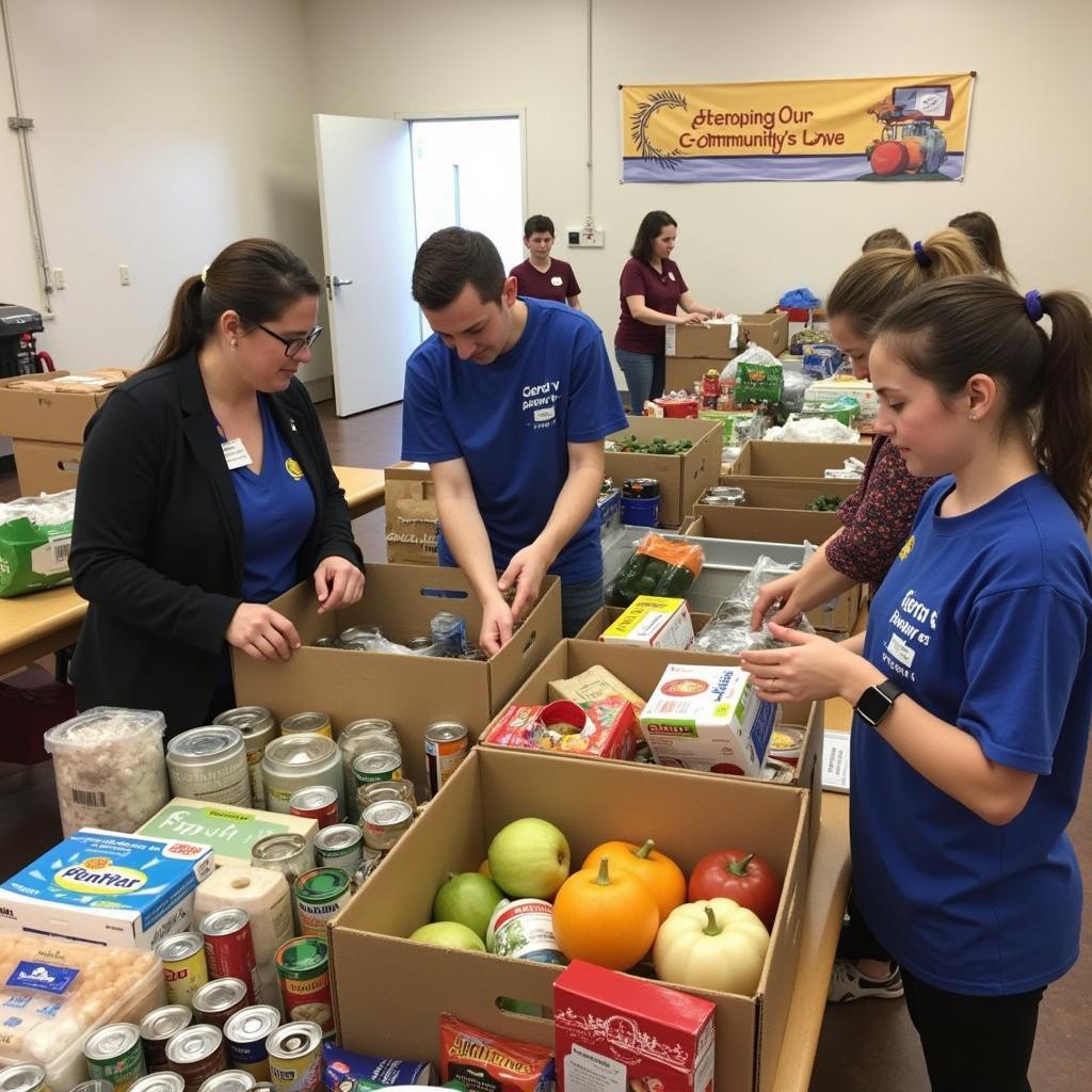 Volunteers sorting and packing food donations at a Lutheran food pantry.