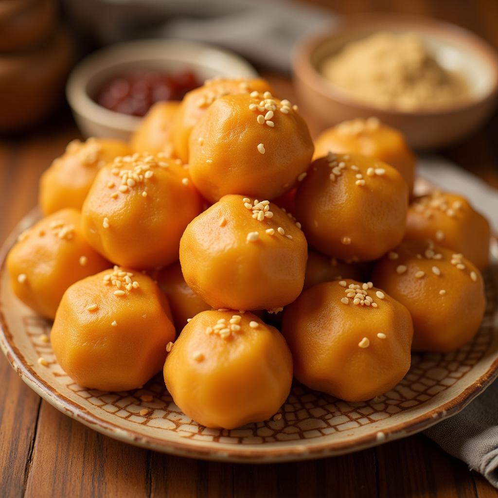 Maghe Sankranti Til Laddoos: Close-up of til laddoos arranged on a platter.