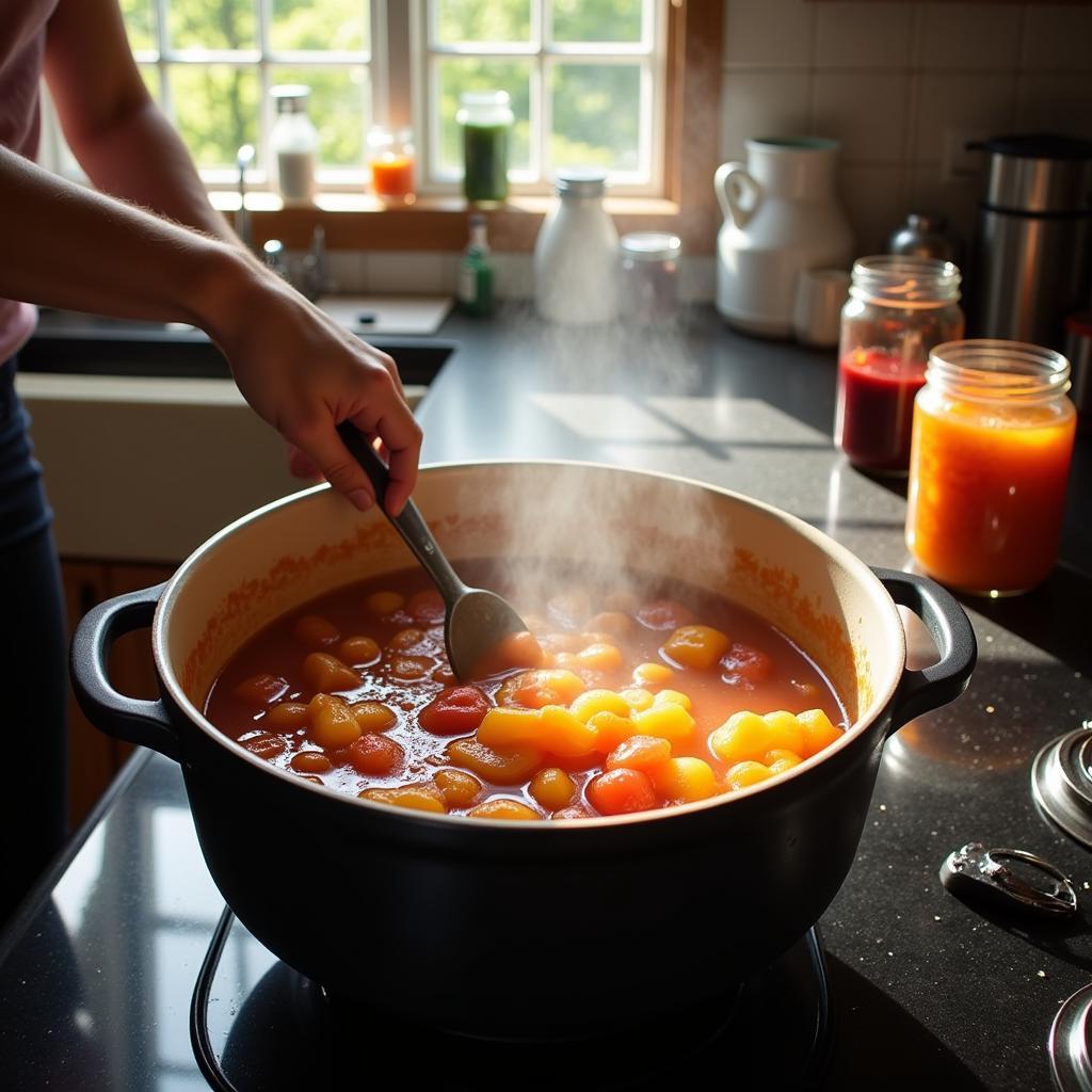 A person is stirring a pot of fruit on a stovetop, making homemade food for thought jam.