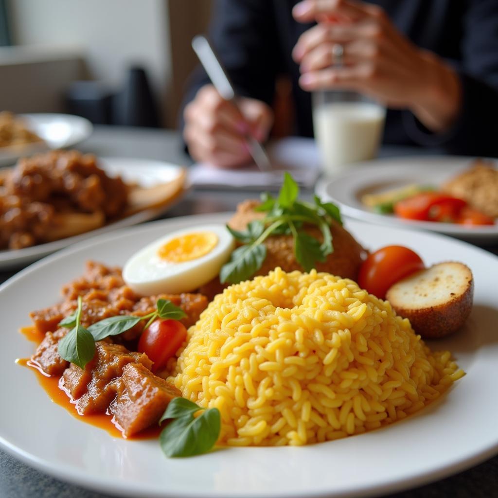 Malaysian food influencer reviewing Nasi Lemak, a popular local dish